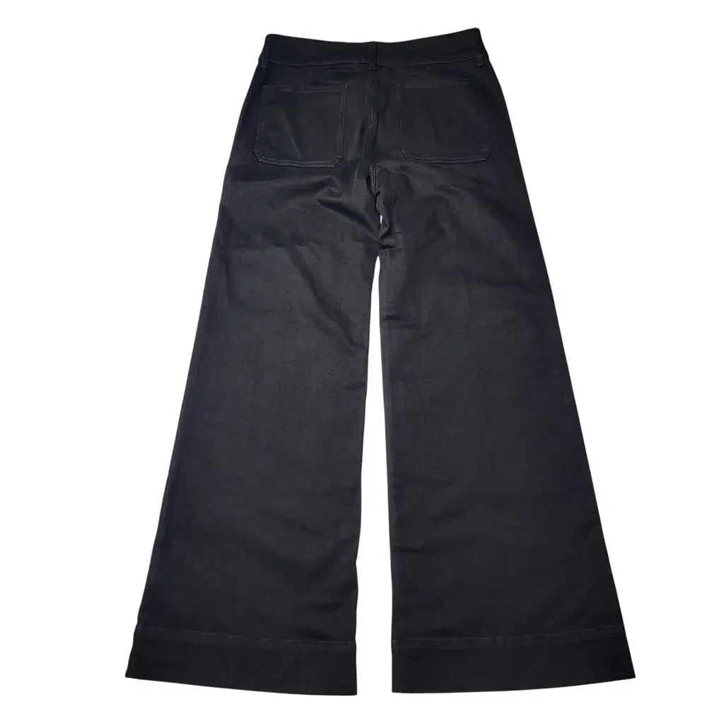 J Crew Petite Denim Trouser Jeans Wide Leg Black Stacked Button Semi Stretch 27P